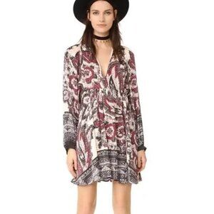 Free People Y2K Paisley Mini Dress Maroon Longsleeve Boho Women's Size Small‎